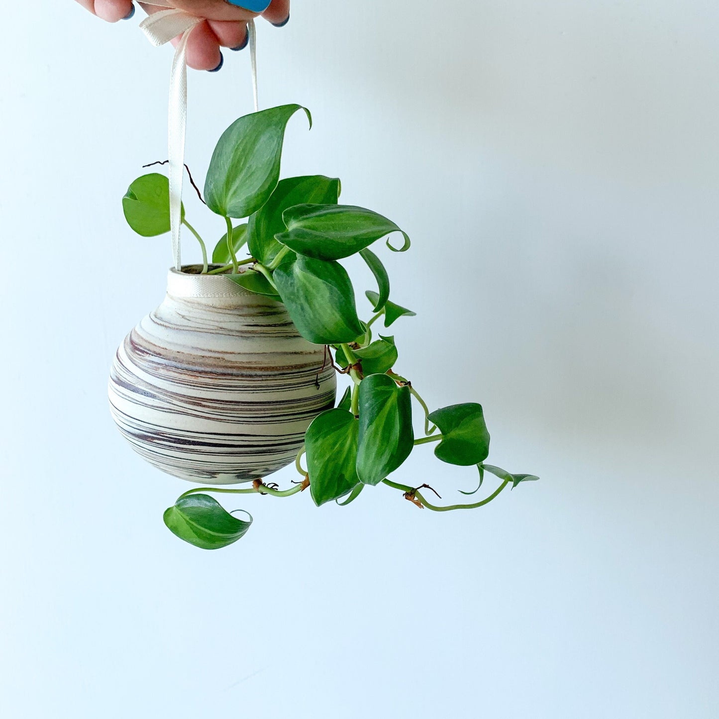 Pottery Ornament / Hanging Planter with white and brown marbling pattern